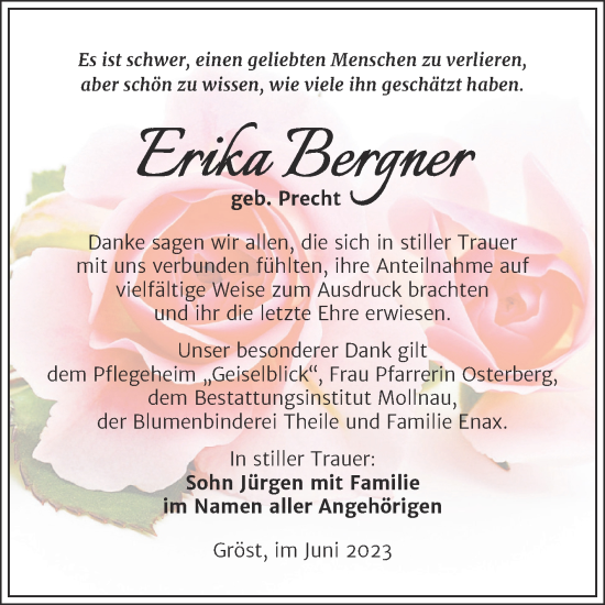 Traueranzeige von Erika Bergner von Trauerkombi Merseburg