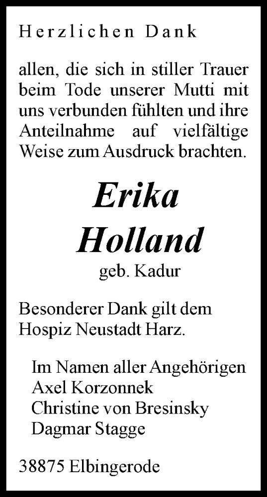 Traueranzeige von Erika Holland von Volksstimme Wernigerode
