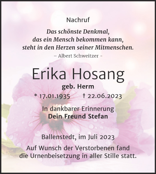 Traueranzeige von Erika Hosang von Trauerkombi Quedlinburg