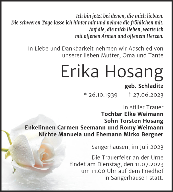 Traueranzeige von Erika Hosang von Trauerkombi Sangerhausen
