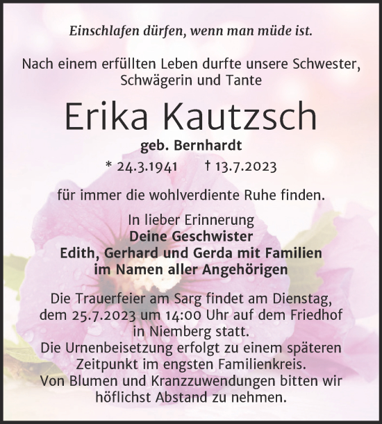Traueranzeige von Erika Kautzsch von Mitteldeutsche Zeitung Halle/Saalkreis