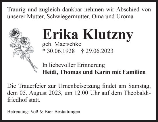 Traueranzeige von Erika Klutzny von Volksstimme Wernigerode