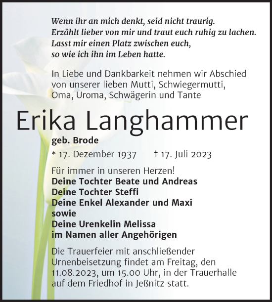 Traueranzeige von Erika Langhammer von Trauerkombi Bitterfeld