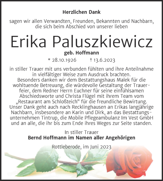 Traueranzeige von Erika Paluszkiewicz von Trauerkombi Sangerhausen
