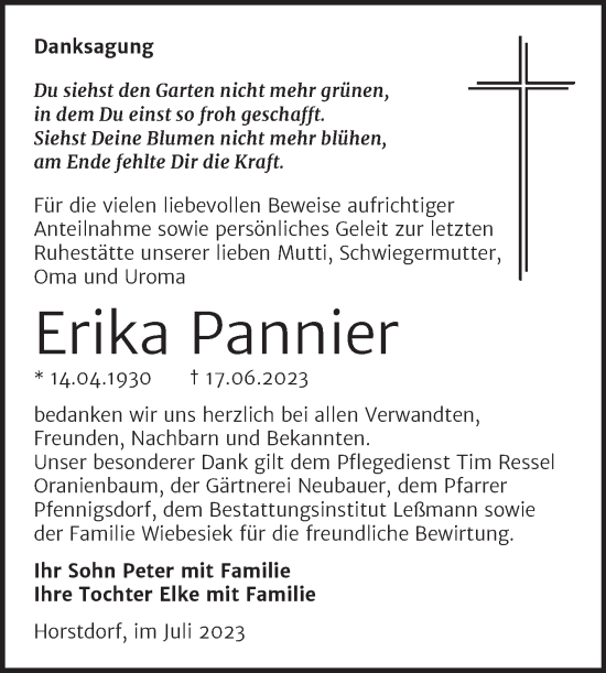 Traueranzeige von Erika Pannier von Trauerkombi Wittenberg