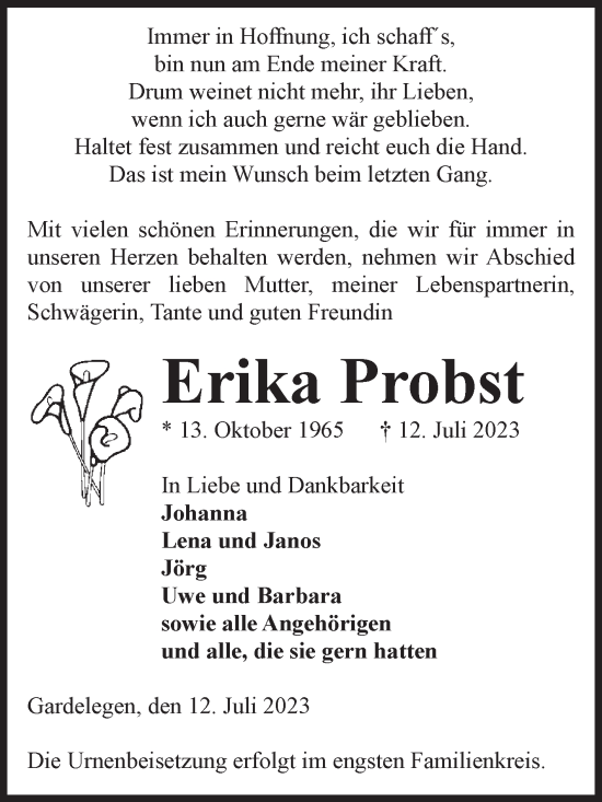 Traueranzeige von Erika Probst von Volksstimme Altmark West