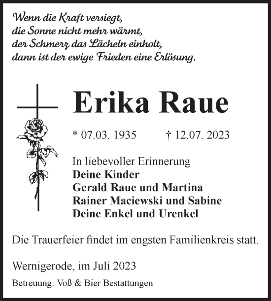 Traueranzeige von Erika Raue von Volksstimme Wernigerode