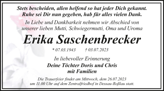 Traueranzeige von Erika Saschenbrecker von Trauerkombi Dessau