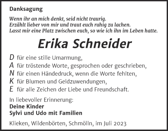 Traueranzeige von Erika Schneider von Trauerkombi Wittenberg