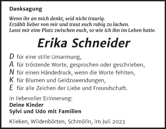 Traueranzeige von Erika Schneider von Trauerkombi Wittenberg