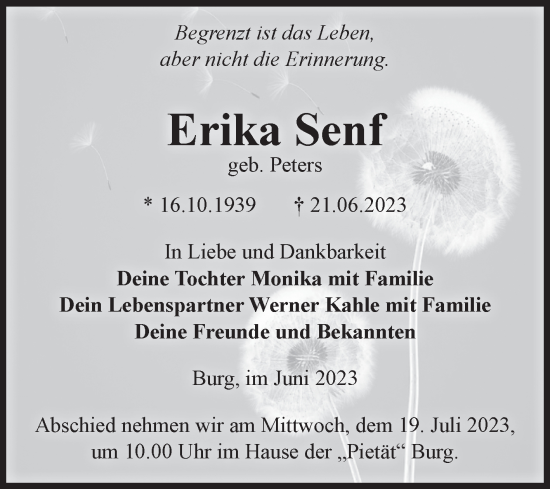Traueranzeige von Erika Senf von Volksstimme Burg/Genthin