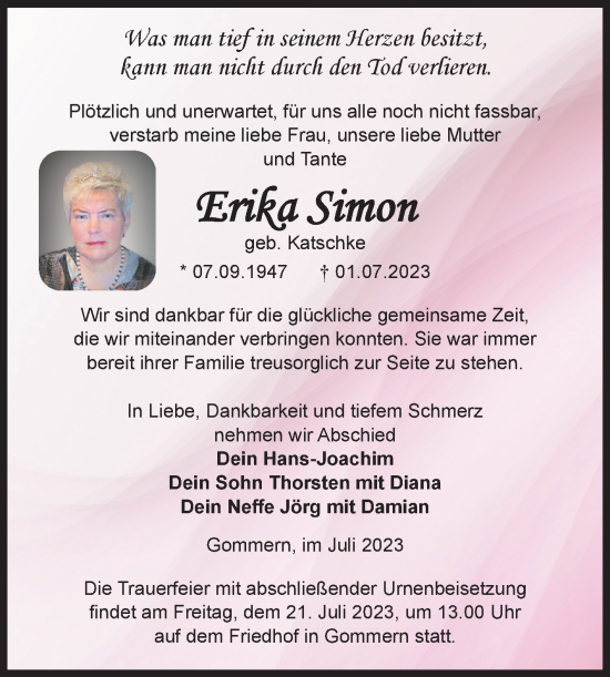 Traueranzeige von Erika Simon von Volksstimme Burg/Genthin