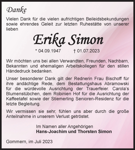 Traueranzeige von Erika Simon von Volksstimme Burg/Genthin