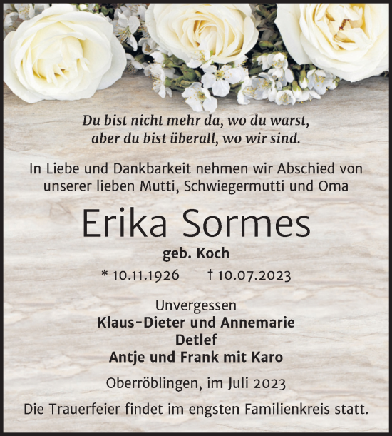Traueranzeige von Erika Sormes von Trauerkombi Sangerhausen