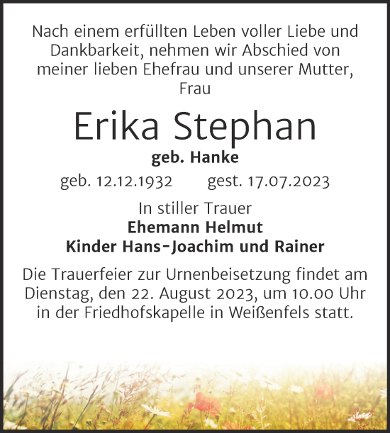 Traueranzeige von Erika Stephan von Trauerkombi Weißenfels