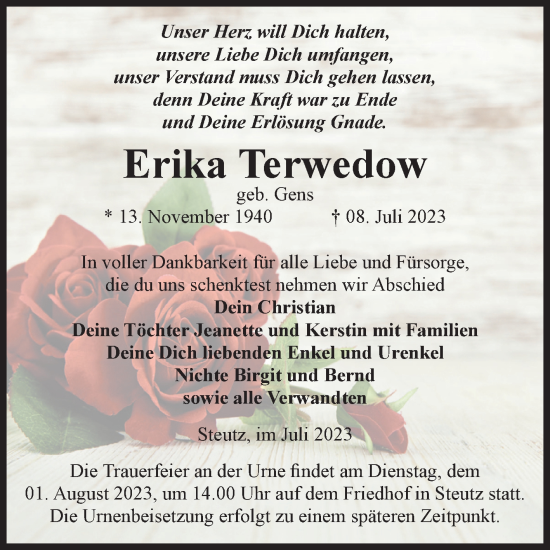Traueranzeige von Erika Terwedow von Volksstimme Zerbst