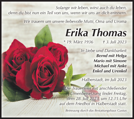 Traueranzeige von Erika Thomas von Volksstimme Halberstadt