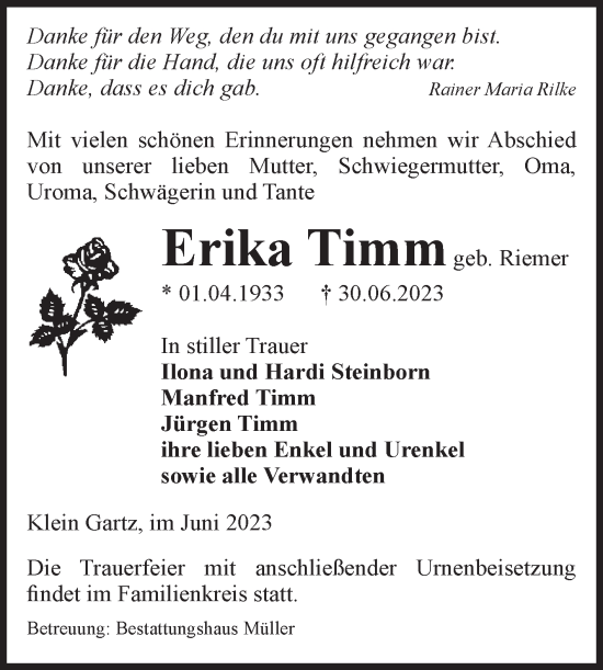 Traueranzeige von Erika Timm von Volksstimme Altmark West