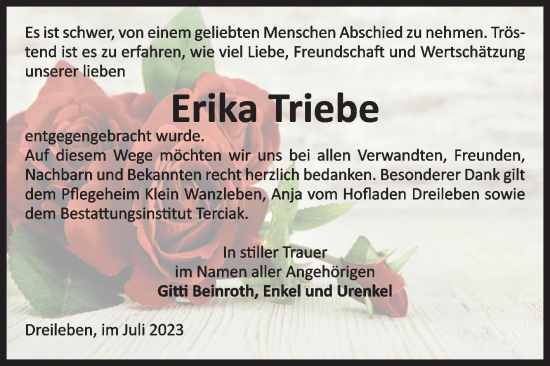 Traueranzeige von Erika Triebe von Volksstimme Oschersleben/Wanzleben