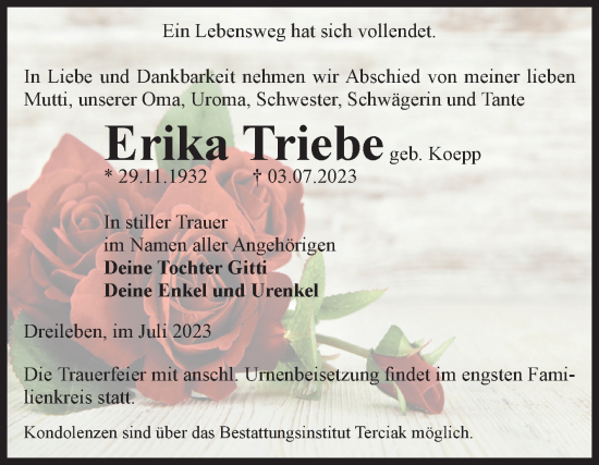 Traueranzeige von Erika Triebe von Volksstimme Oschersleben/Wanzleben