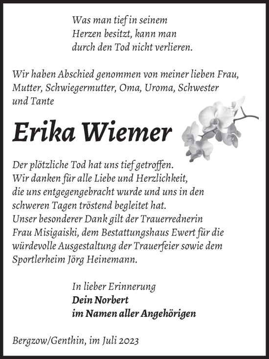 Traueranzeige von Erika Wiemer von Volksstimme Burg/Genthin