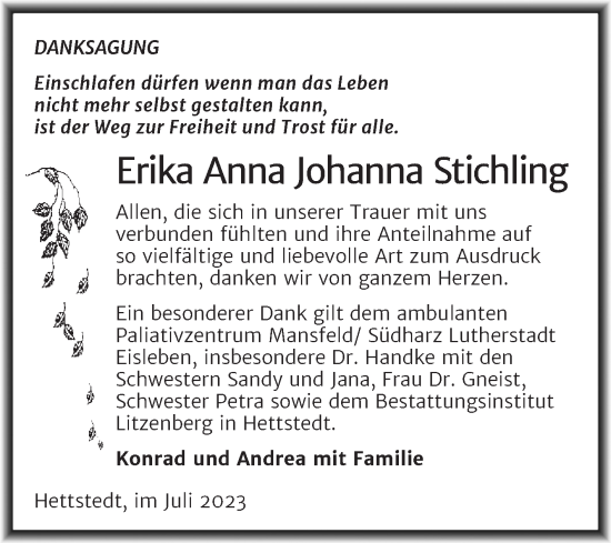 Traueranzeige von Erika Anna Johanna Stichling von Trauerkombi Mansfelder Land