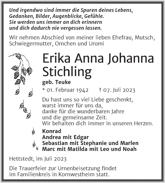 Traueranzeige von Erika Anna Johanna Stichling von Trauerkombi Mansfelder Land