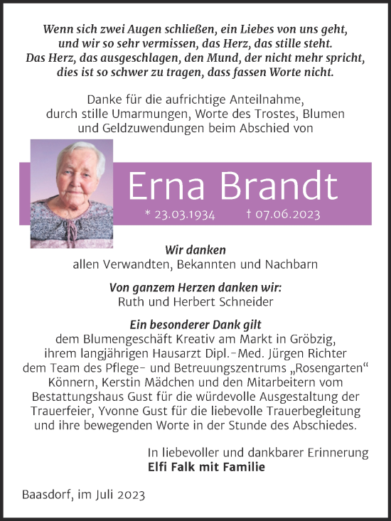 Traueranzeige von Erna Brandt von Trauerkombi Köthen