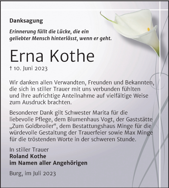 Traueranzeige von Erna Kothe von Volksstimme Burg/Genthin