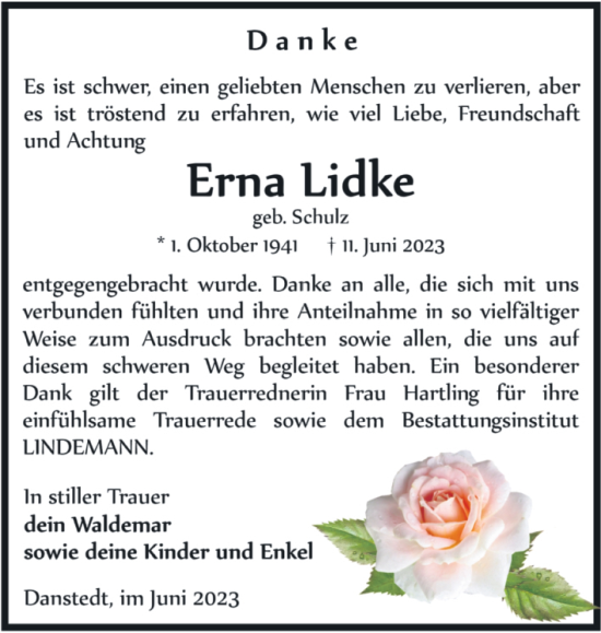 Traueranzeige von Erna Lidke von Volksstimme Wernigerode