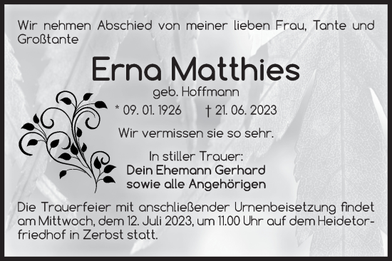 Traueranzeige von Erna Matthies von Volksstimme Zerbst