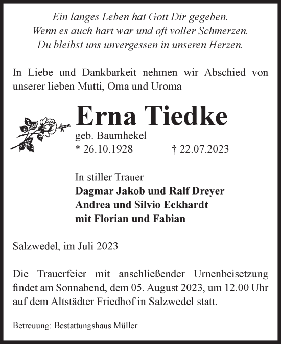 Traueranzeige von Erna Tiedke von Volksstimme Altmark West