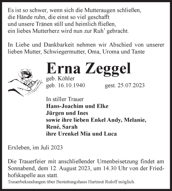 Traueranzeige von Erna Zeggel von Volksstimme Haldensleben/Wolmirstedt