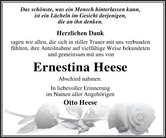 Traueranzeige von Ernestina Heese von Trauerkombi Wittenberg