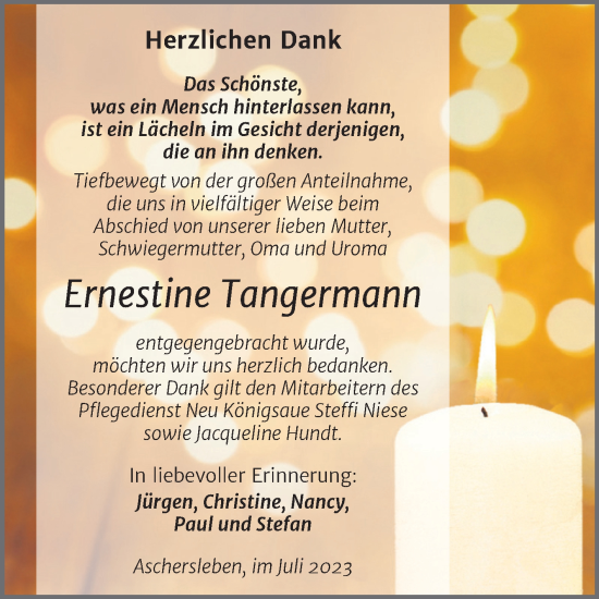 Traueranzeige von Ernestine Tangermann von Trauerkombi Aschersleben