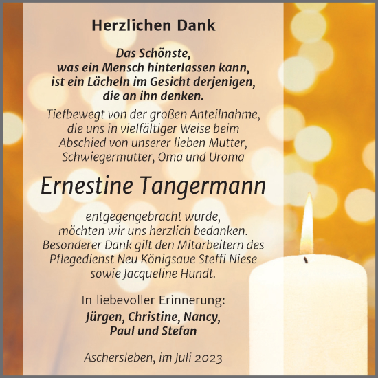 Traueranzeige von Ernestine Tangermann von Trauerkombi Aschersleben