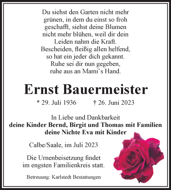 Traueranzeige von Ernst Bauermeister von Volksstimme Schönebeck