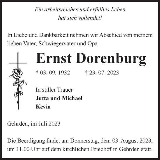 Traueranzeige von Ernst Dorenburg von Volksstimme Zerbst