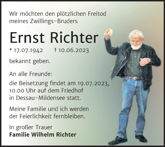 Traueranzeige von Ernst Richter von Trauerkombi Dessau