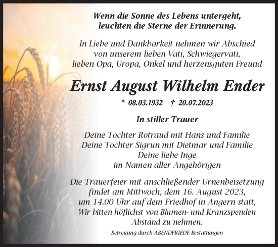 Traueranzeige von Ernst August Wilhelm Ender von Volksstimme Haldensleben/Wolmirstedt