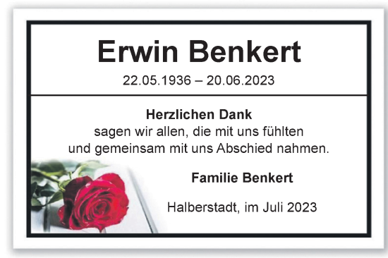 Traueranzeige von Erwin Benkert von Volksstimme Halberstadt