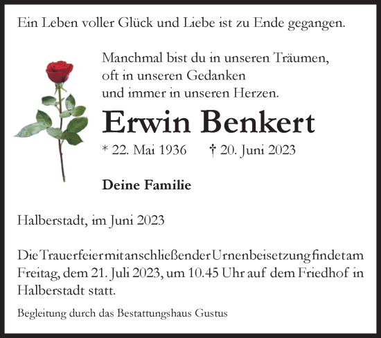 Traueranzeige von Erwin Benkert von Volksstimme Halberstadt