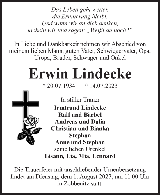 Traueranzeige von Erwin Lindecke von Volksstimme Haldensleben/Wolmirstedt