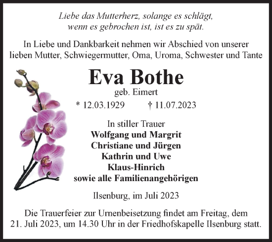 Traueranzeige von Eva Bothe von Volksstimme Wernigerode