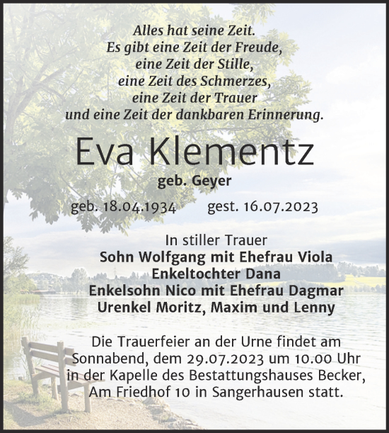 Traueranzeige von Eva Klementz von Trauerkombi Sangerhausen