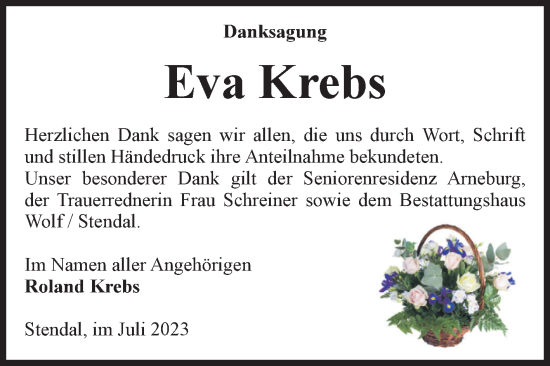 Traueranzeige von Eva Krebs von Volksstimme Altmark Ost