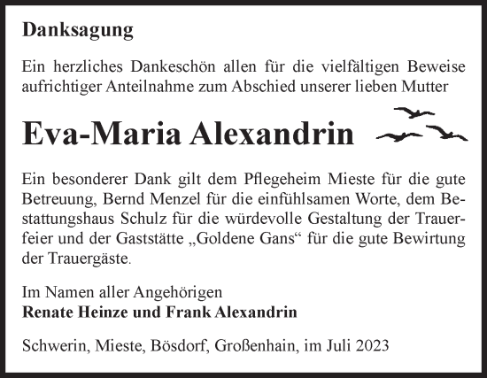 Traueranzeige von Eva-Maria Alexandrin von Volksstimme Haldensleben/Wolmirstedt