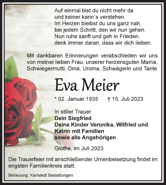 Traueranzeige von Eva Meier von Volksstimme Schönebeck