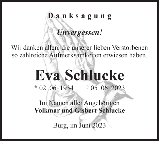 Traueranzeige von Eva Schlucke von Volksstimme Burg/Genthin