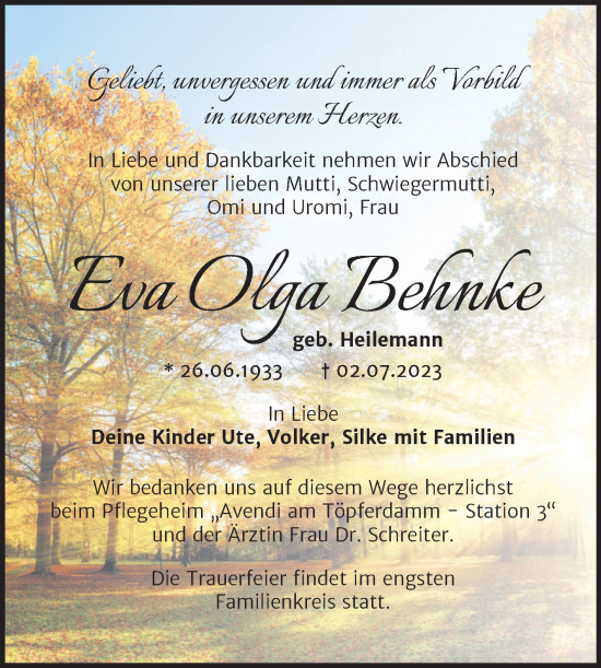 Traueranzeige von Eva Olga Behnke von Trauerkombi Weißenfels